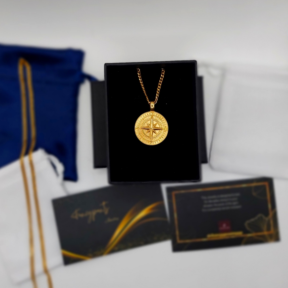 18K Gold Plated 🧭 Compass ( Large ) with 18K Gold Plated Miami Cuban Link Chain